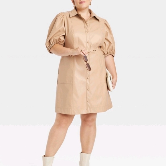 a new day Dresses & Skirts - 🎉Women's Puff Sleeve Faux Leather A-Line Dress Beige🎉